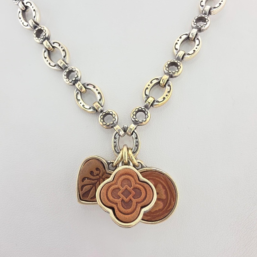 BRIGHTON Charm Necklace Reversible Brown Leather Quotes Silver Gold & Plate 19"